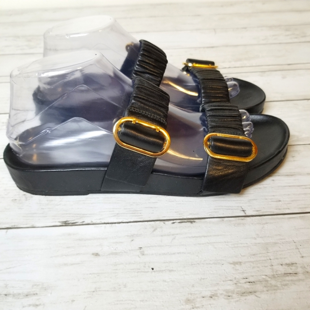 Stuart Weitzman Shalene Leather Black Ruched Strap Slide Sandals - Picture 1 of 11